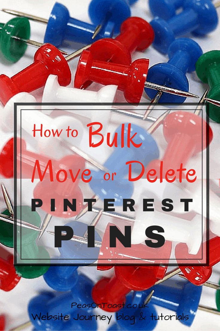 Tutorial (Website Diary #3) – find out why it’s a good idea to routinely move and delete your Pinterest pins. Learn how to create a new board for sub-categories and how to individually or bulk move or delete your Pinterest pins.